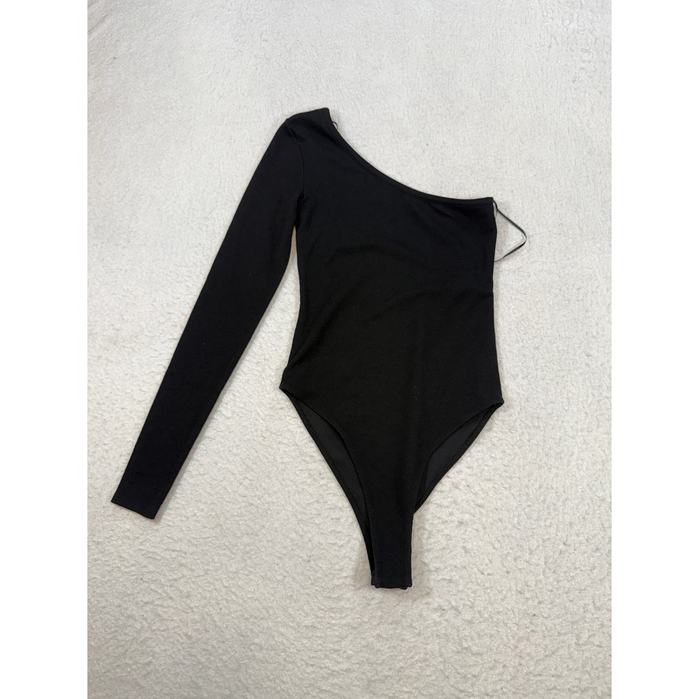 Zara Womens Small Black One Shoulder Long Sleeve Ribbed Bodysuit 100814